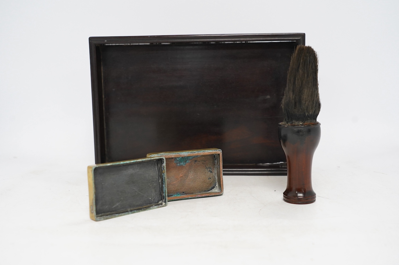 Literati interest: a Chinese probably zitan tray, a calligraphy brush and a brass ink box, 19th/20th century, tray 28 x 19cm. Condition - fair